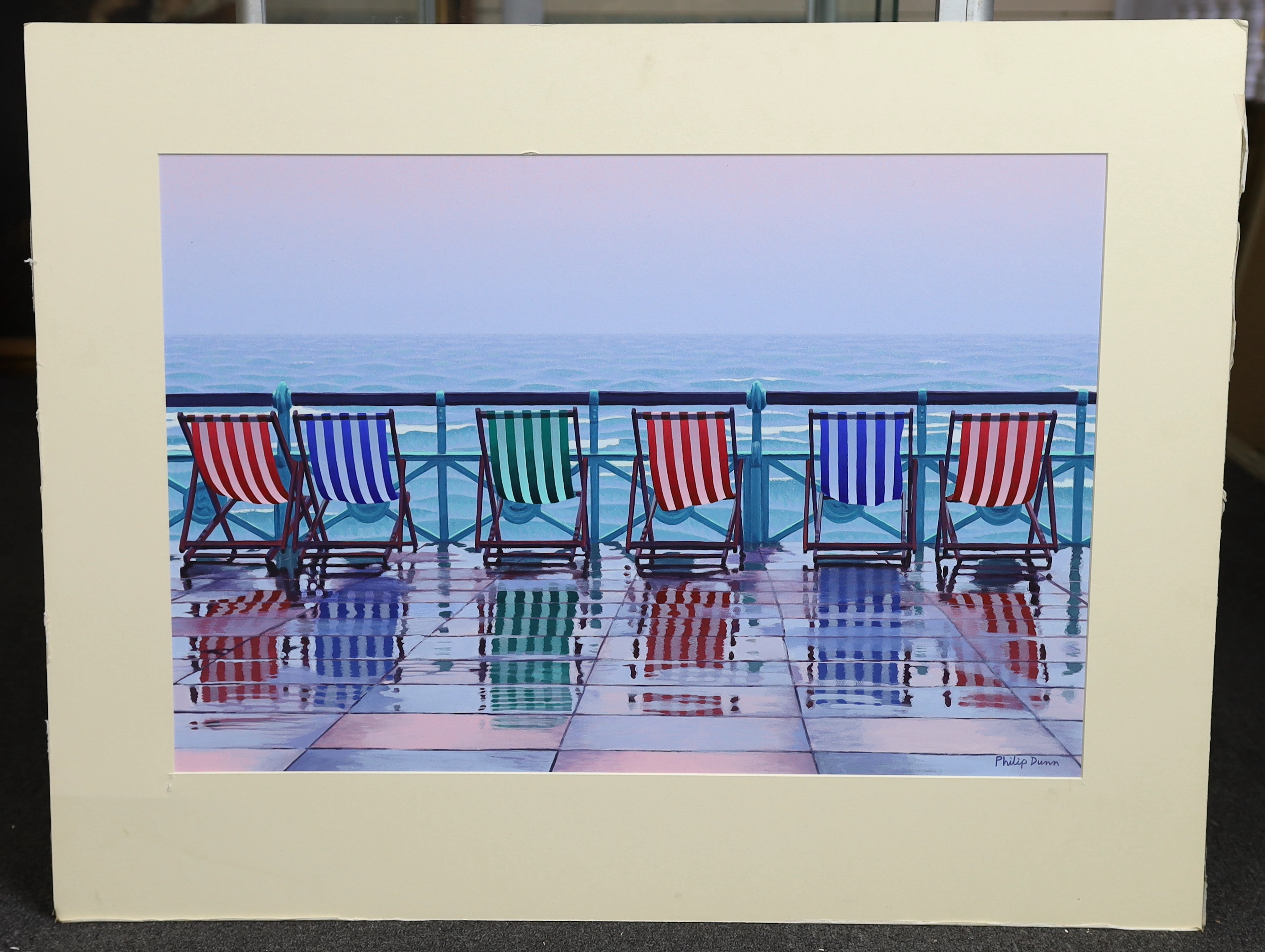 Philip Dunn (English, b.1945), Deckchairs on the promenade, acrylic on artist board, 51 x 75cm, unframed